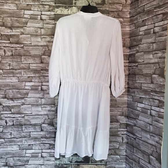 Aribella White Peasant Linen Midi Dress Bohemian Long Sleeves Front Button Mediu - Picture 5 of 10